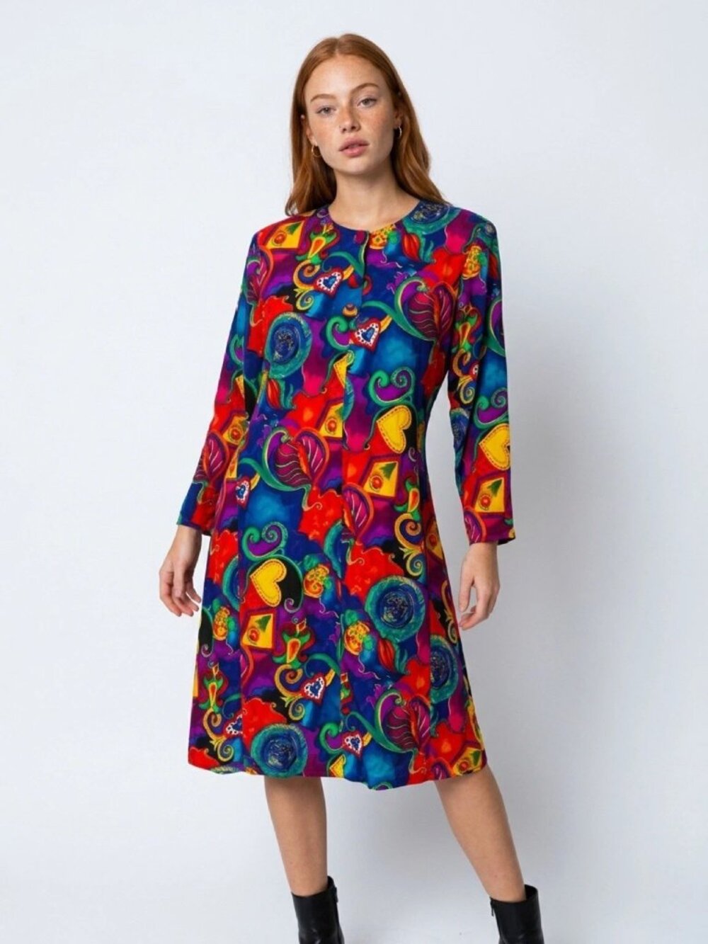 RETRO PAT ARGENTI Multicolor 100% Silk Psychedelic Print Long Sleeve Shift Dress